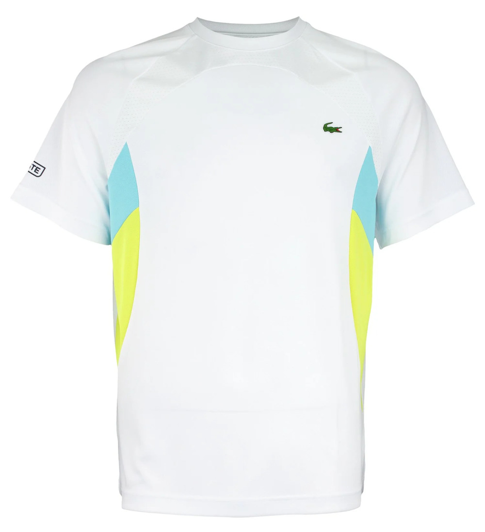 Lacoste Sport Mens T Shirt L White Blue Yellow Short Sleeve Crew Neck Logo